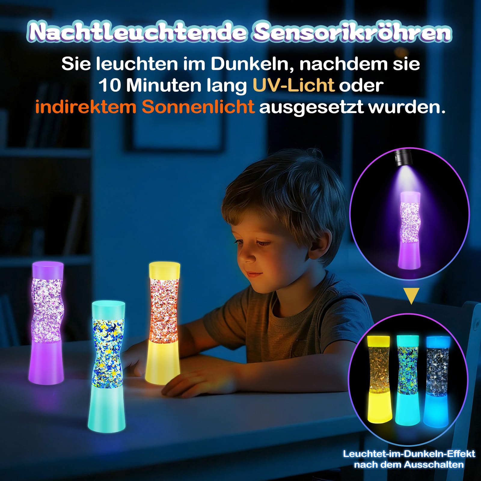 NYOBABE Leuchtende Sensorik Spielzeug,Sensorik Flaschen in 3 Formen,Nachleuchtende Sinneslampe zur Stress- und Angstbewältigung,Fidget Toys für Kinder＆Erwachsene,Stressabbau Spielzeug für Autismus 3+