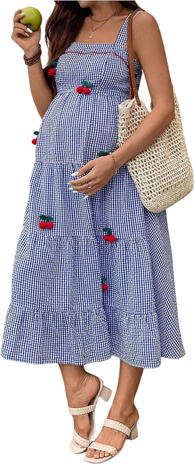MAKEMECHIC Women's Summer Boho Maternity Dress Floral Flowy Beach Maxi Long Sundress