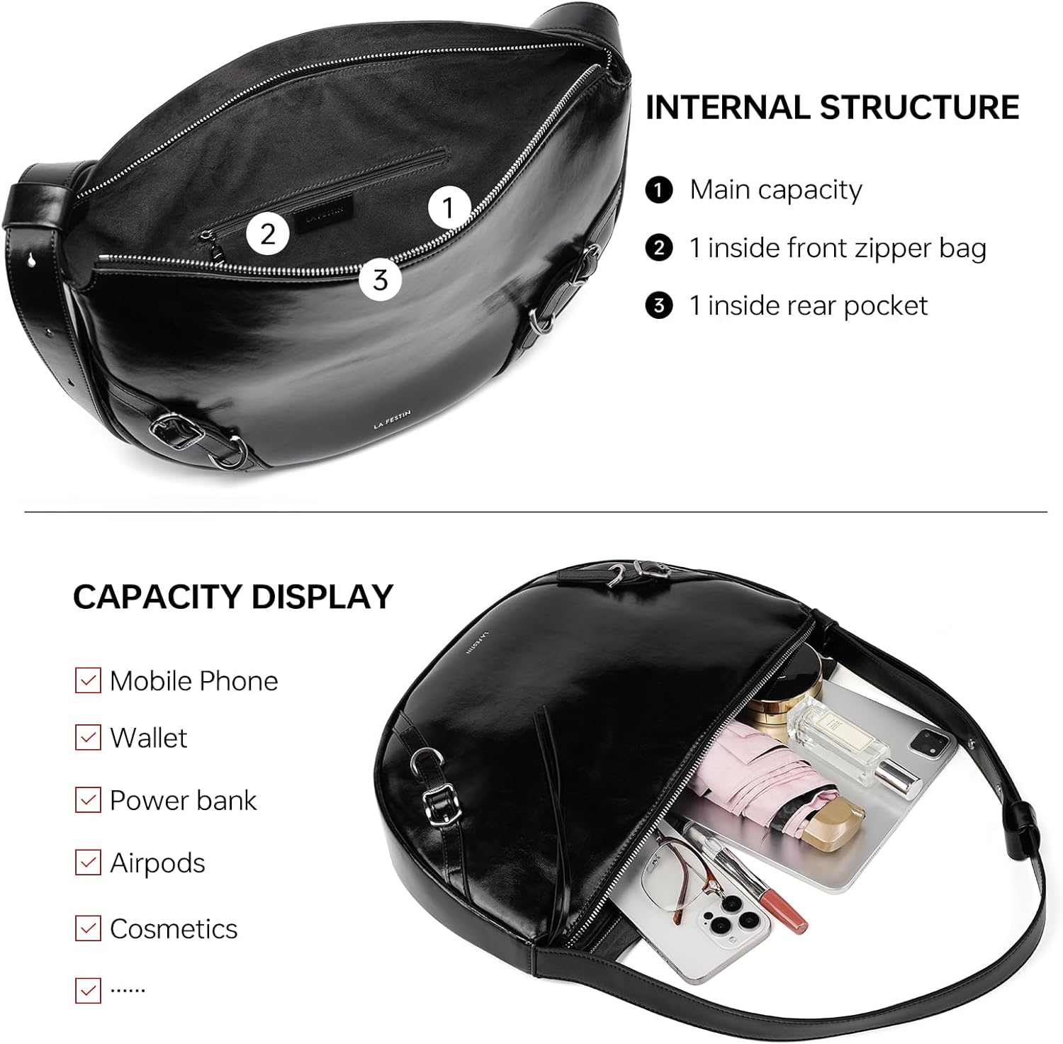 LA'FESTIN Genuine Leather Hobo Bag for Women Split Leather Crescent Shoulder Bag Crossbody Purse with Adjustable Strap - Image 6