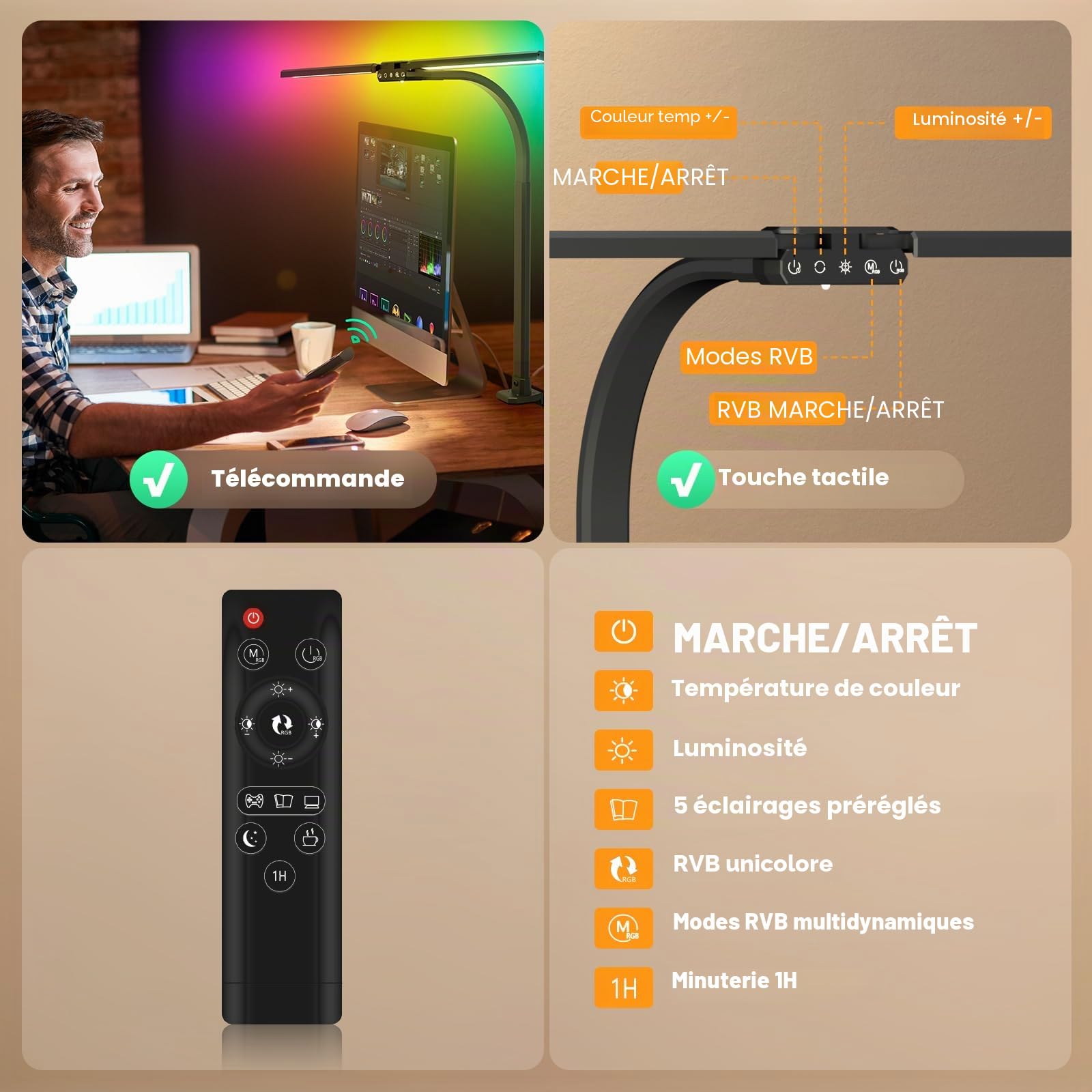 SIBRILLE Lampe de Bureau LED RVB à Double Tête, 22W 80cm Lampe de Table à Clipser avec Télécommande, 5 Températures de Couleur&Luminosité Lanterne de Lecture Rotative pour Design,Lecture,Ecran