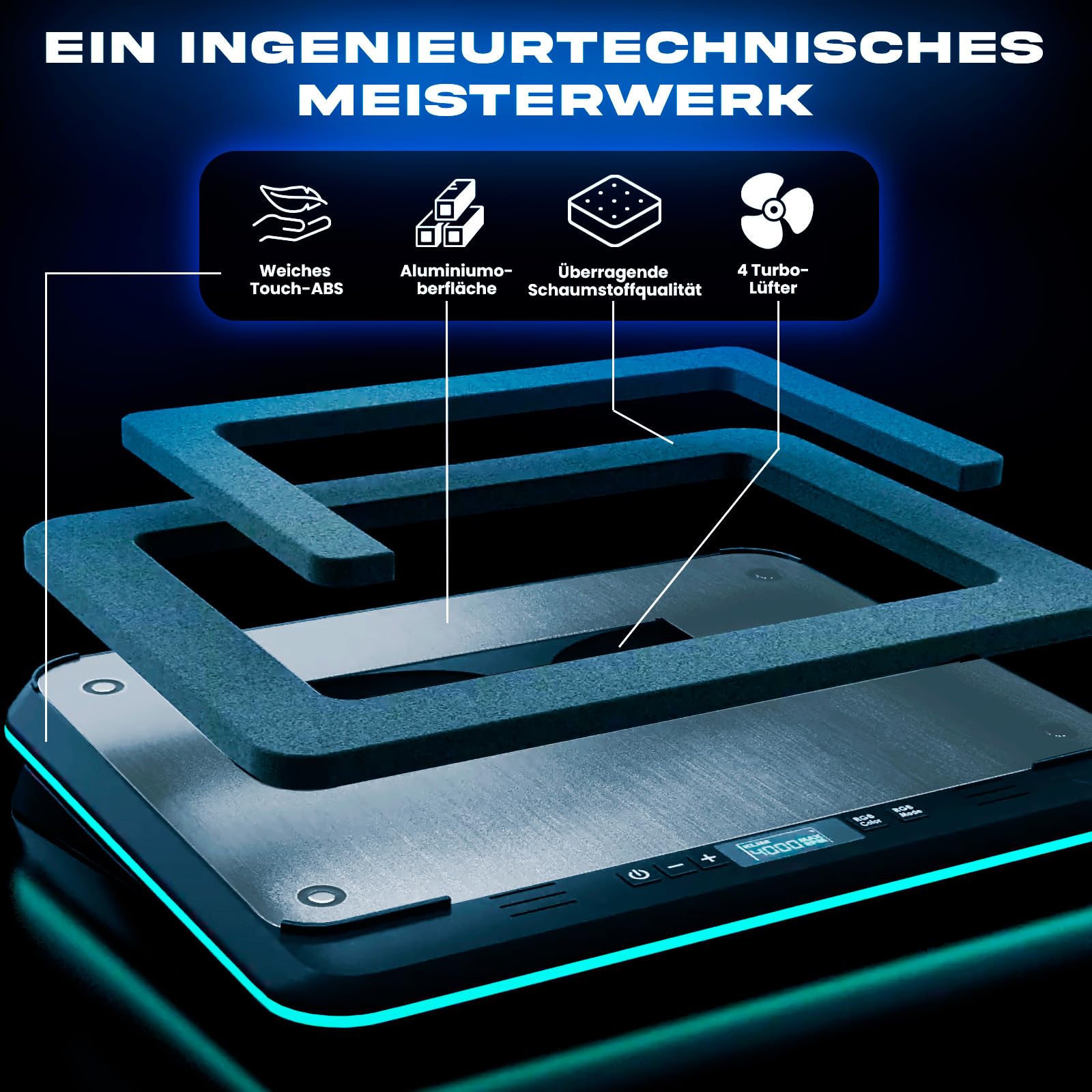 KLIM Turbofrost Laptop Kühler - Gaming Laptop Kühlpad mit 4 Turbolüftern - 4x4000 RPM, 4 USB-Ports, 2 Leistungsmodi (USB-C/DC), RG und Dämpfung für schnelle Kühlung, Für bis 17 Zoll - Grauer Raum