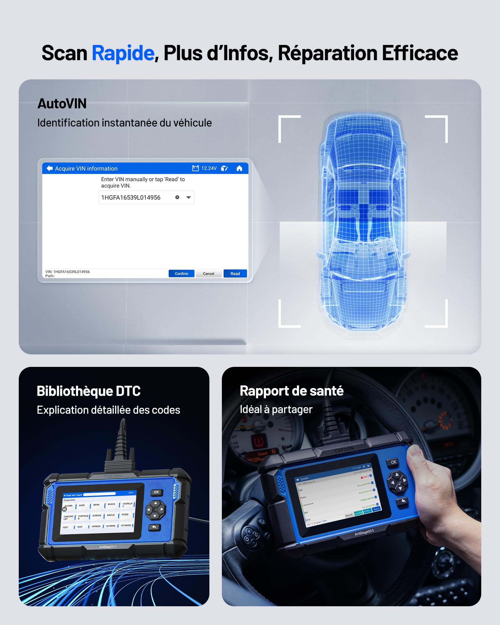 TOPDON ArtiDiag600S Valise Diagnostic Auto OBD2, Outil Diagnostic Voiture pour 4 Systèmes, 9 Fonctions de Réinitialisation sur Huile/Frein/SAS/BMS/ABS/DPF/TPMS/Accélérateur, Fonctions OBD2 Complètes
