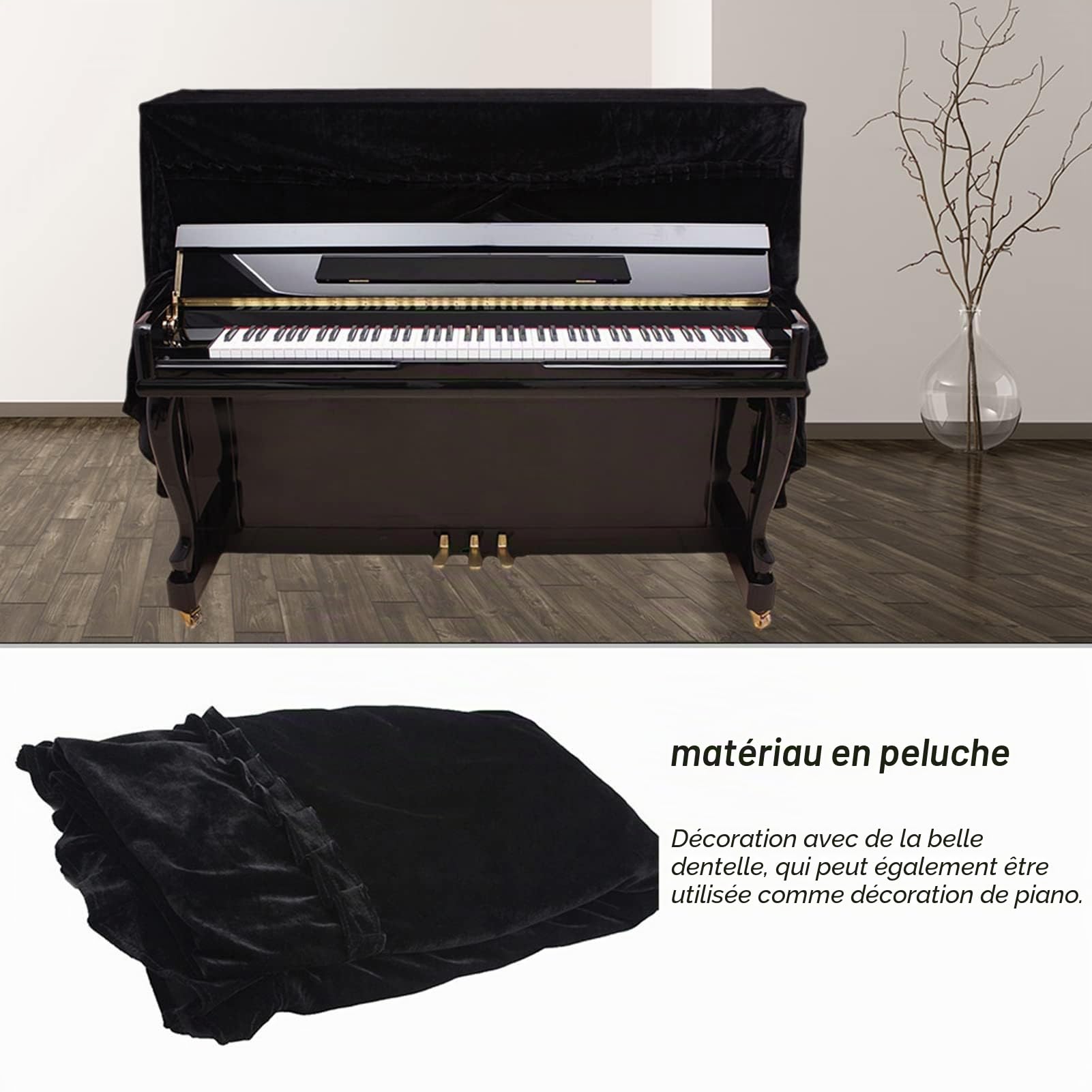 Housse de Piano Droit, Couverture de piano Droit épaissie pour Clavier de Piano Droit Anti-poussière Lavable pour Piano Vertical et Tabouret Double 158 X 45 X 112 Cm(Le noir)