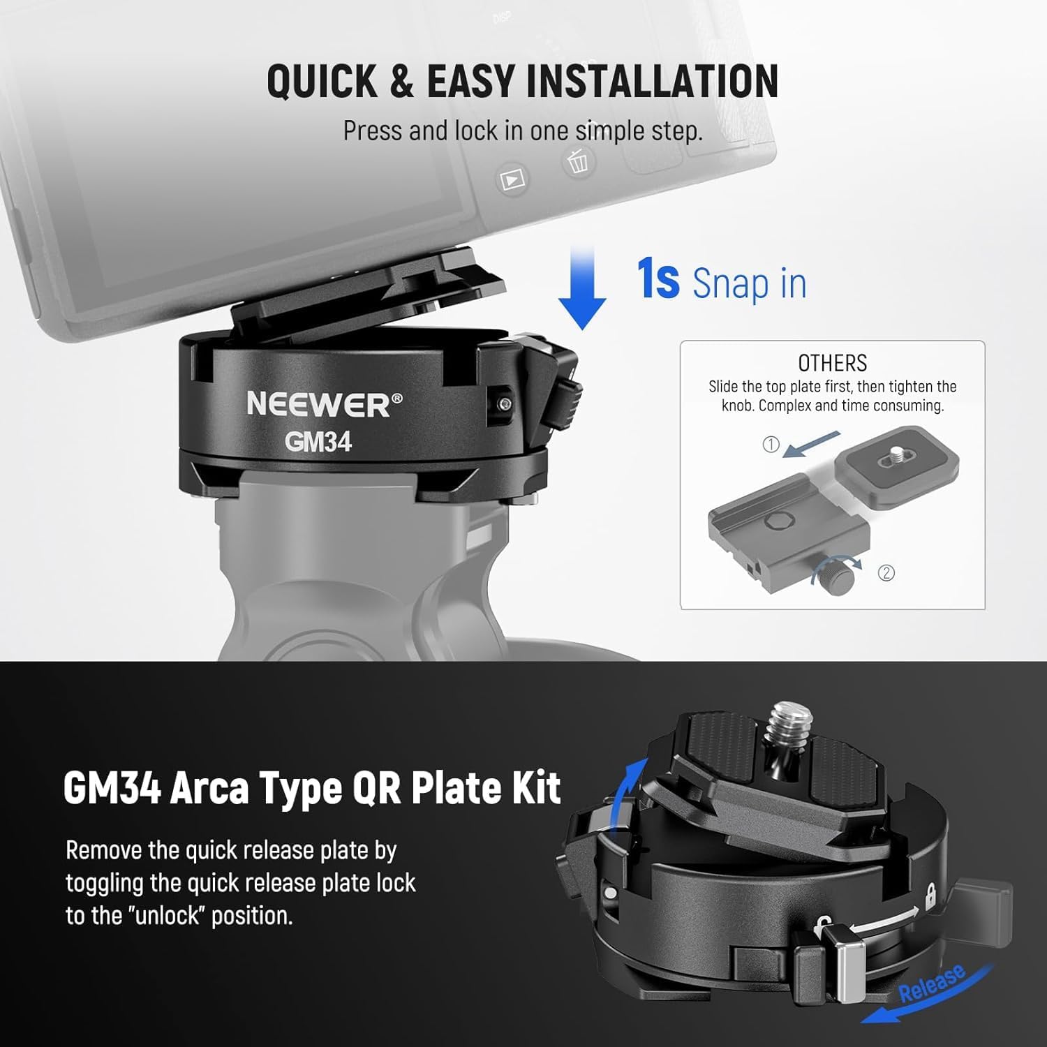 NEEWER GM34 Camera Quick Release Plate Kit, Quick Switch Auto Lock Square QR Mount Plate with Arca Type Clamp Base, Compatible with Arca Swiss Camera Clip, Max Load 11lb/5kg