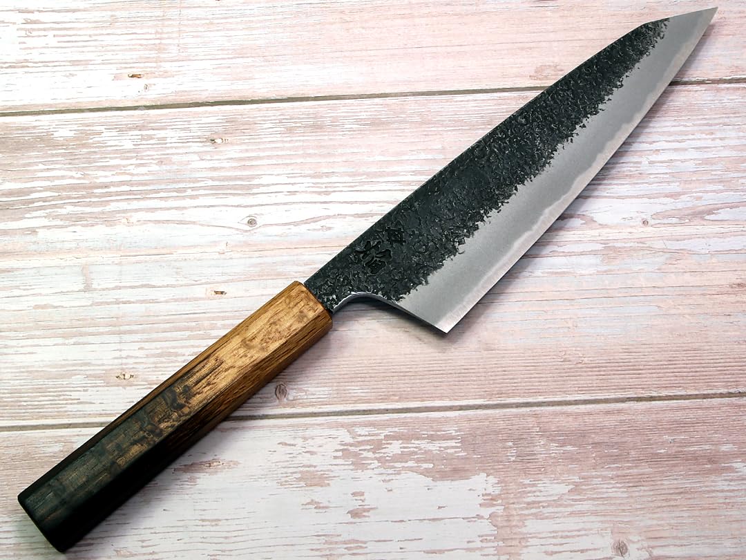 堺孝行 包丁 牛刀 牛刀包丁 焔 紅蓮 安来鋼青紙二号 八角柄 225mm ③ Amazon | 堺孝行 焔 紅蓮 青二鋼 黒打ち鎚目 切付牛刀（剣型牛刀）225