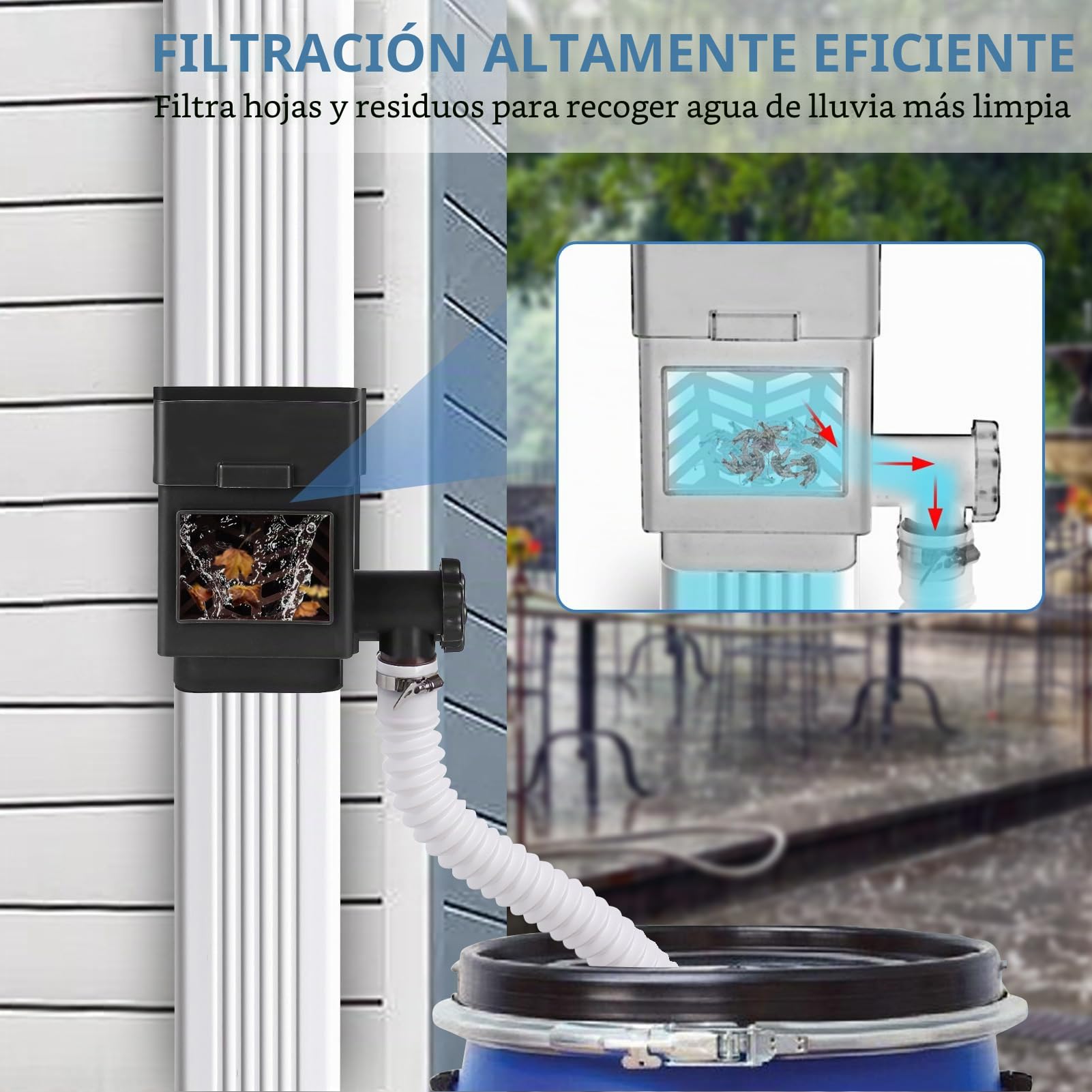 Recolector de agua de lluvia, recolector de lluvia Compatible con tubos de bajada estándar de 2x3 o 3x4 pulgadas, desviador de tubo de bajada con válvula ajustable y filtro, manguera de 1,5 m (Negro)