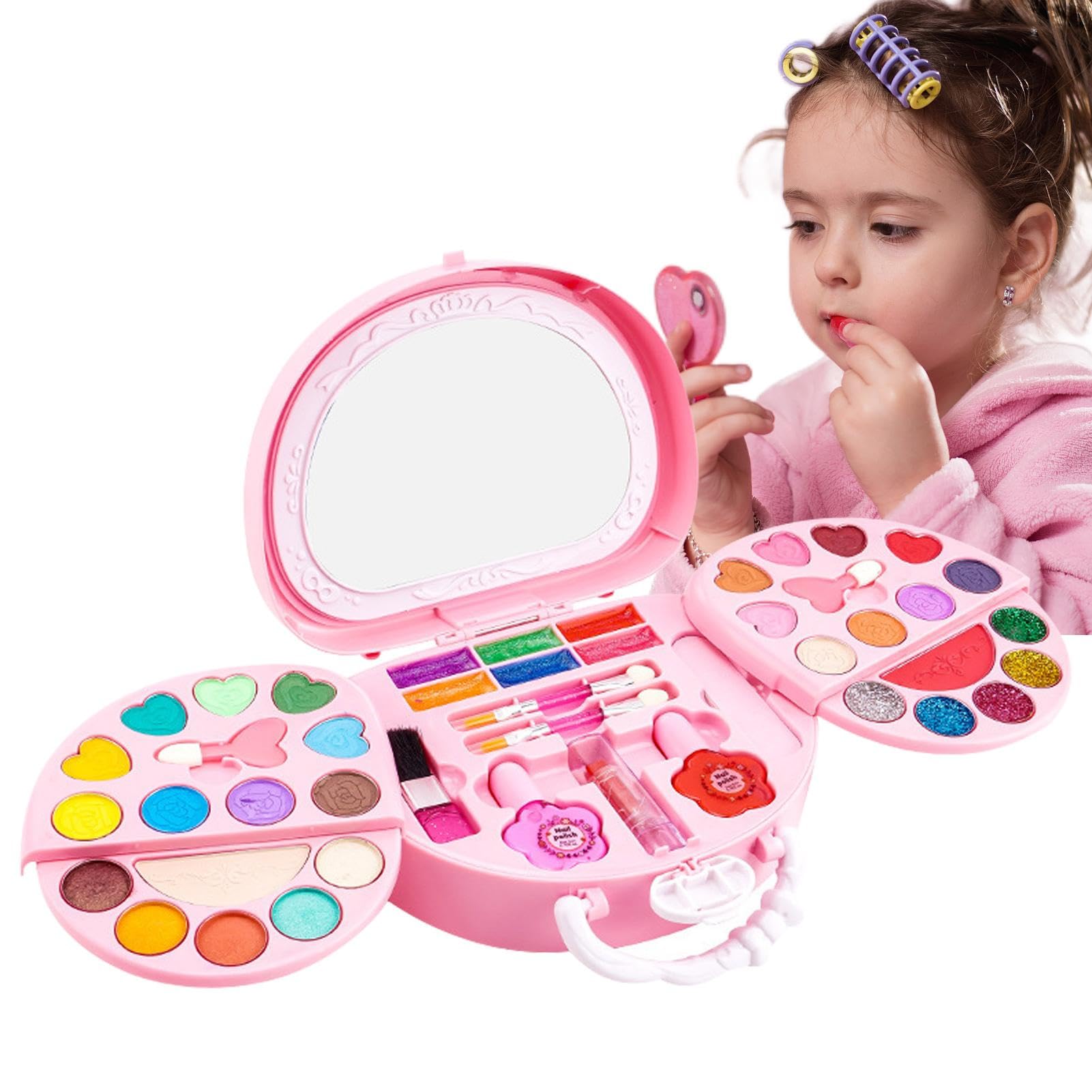 Ulikey Set De Maquillaje Lavable Para Niñas – 9 Brillos, 7 Sombras, 2 Coloretes, Pintauñas Y Pinceles, En Estuche De Fresa
