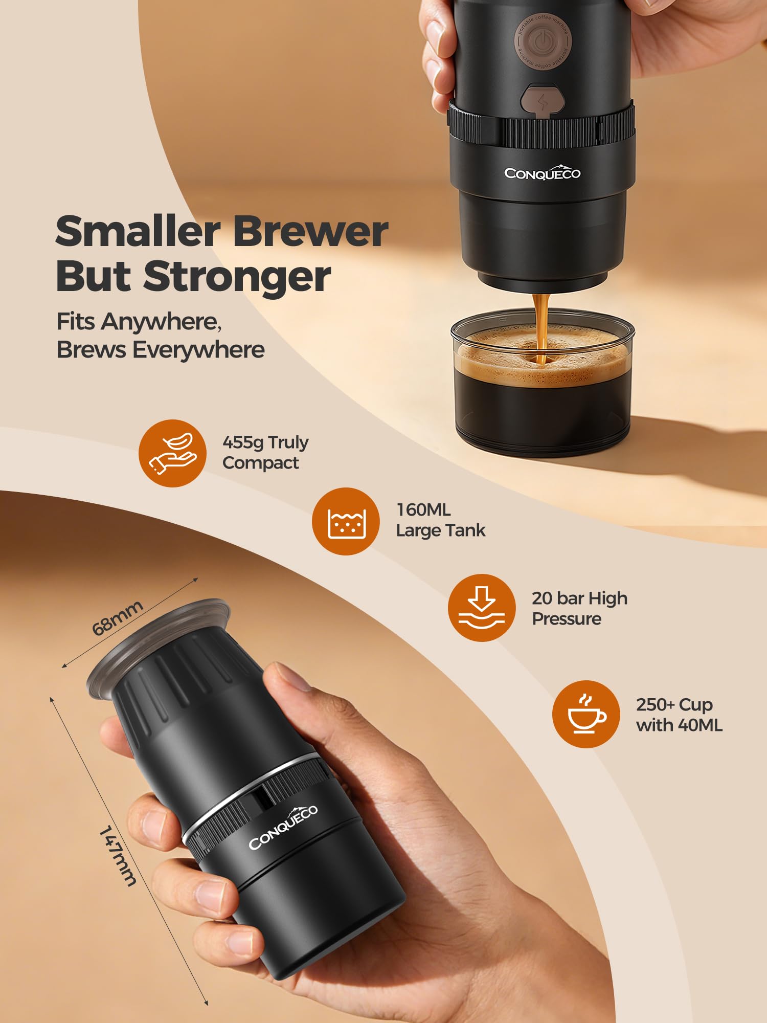 CONQUECO Machine à Café Portable Électrique 20 Bars, 160ml, Pompe Pression Batterie, Compatible Capsule et Café Moulu, USB-C Rechargeable pour Camping Voyage Bureau (Non auto-chauffant) (Noir)