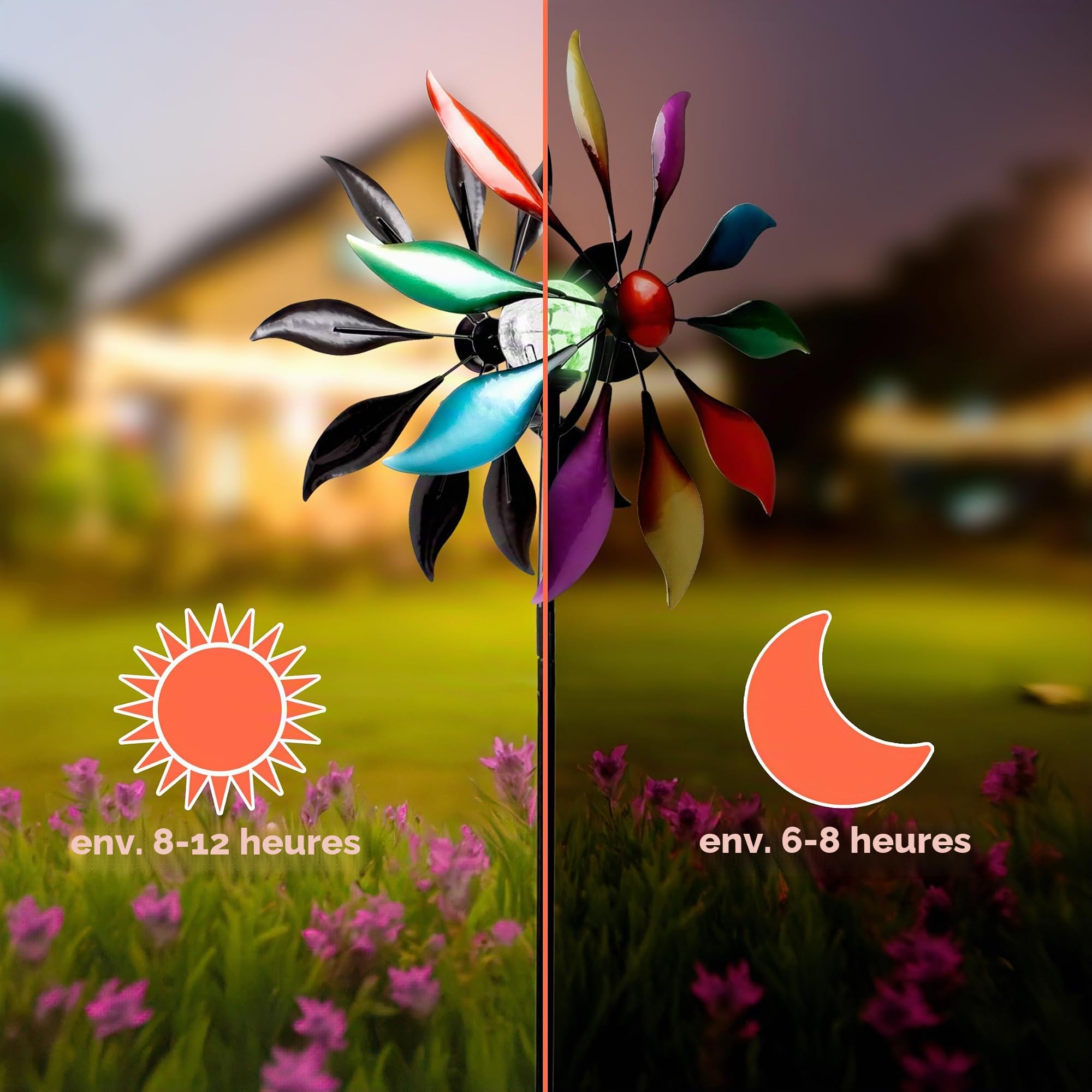 Double moulin en métal vent – Ø 38 cm – Décoration de jardin avec éclairage LED à changement de couleur – Carillon éolien décoratif