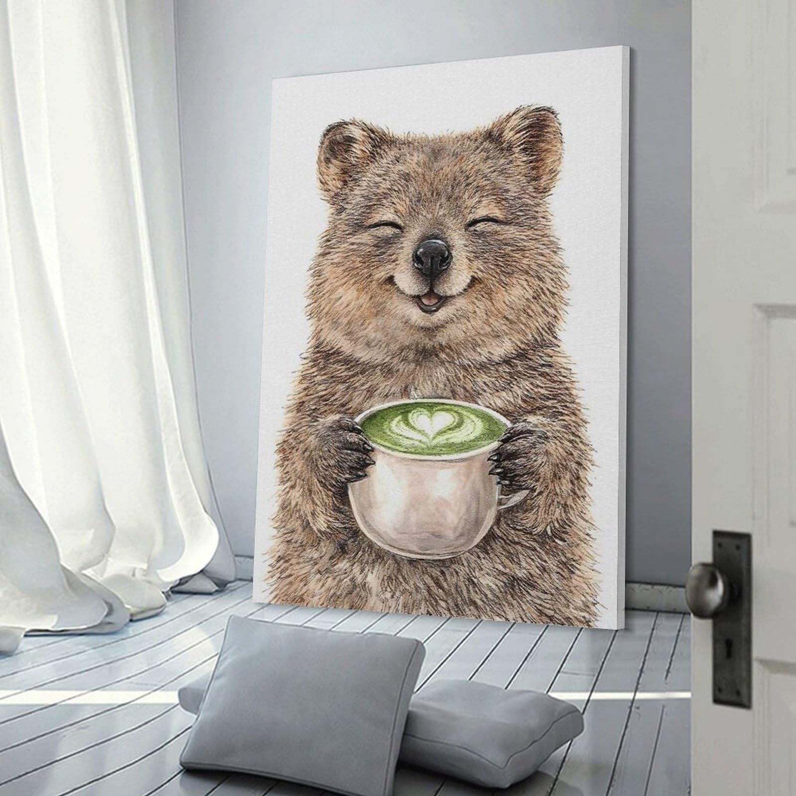 Junmoney Happy Quokka with Matcha Latte Room Decor Wall Art 24x36inch(60x90cm), for Bedroom Decor, Cosy Corners Or Studios, A Warm Accent for Relaxed Interiors