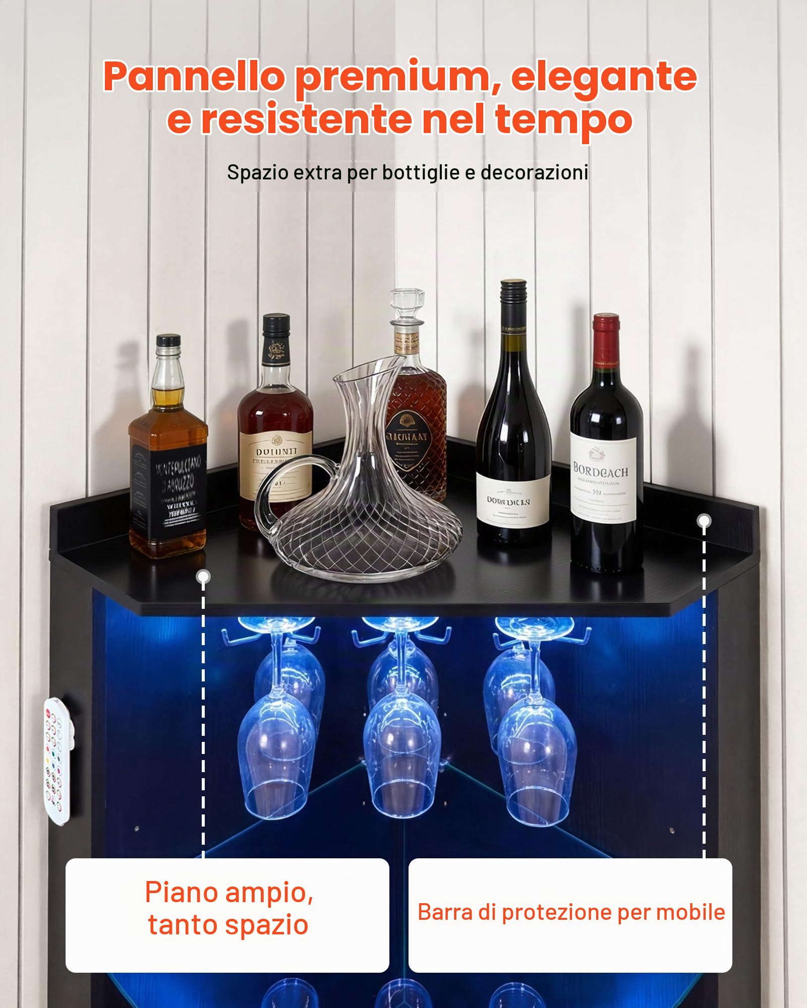 VEVOR Mobile Bar Angolare Portavini da Soggiorno, Scaffale Angolare Bar 50 x 50 x 170 cm da Casa con Illuminazione LED Dimmerabile Portabicchieri, Protezione Antiribaltamento da Sala da Pranzo