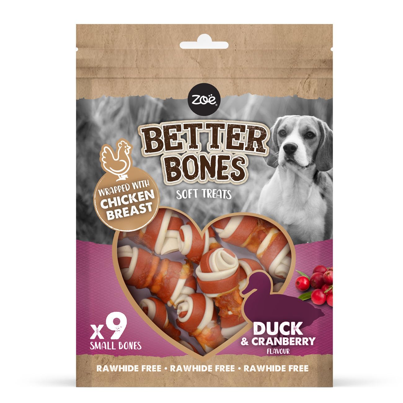 Zoë Better Bones Soft Dog Treat Chews, Pouch of Rawhide-Free, Dog Training Chews Wrapped with Chicken Breast - Duck & Cranberry Flavour, 1 Bag of 9 pcs
