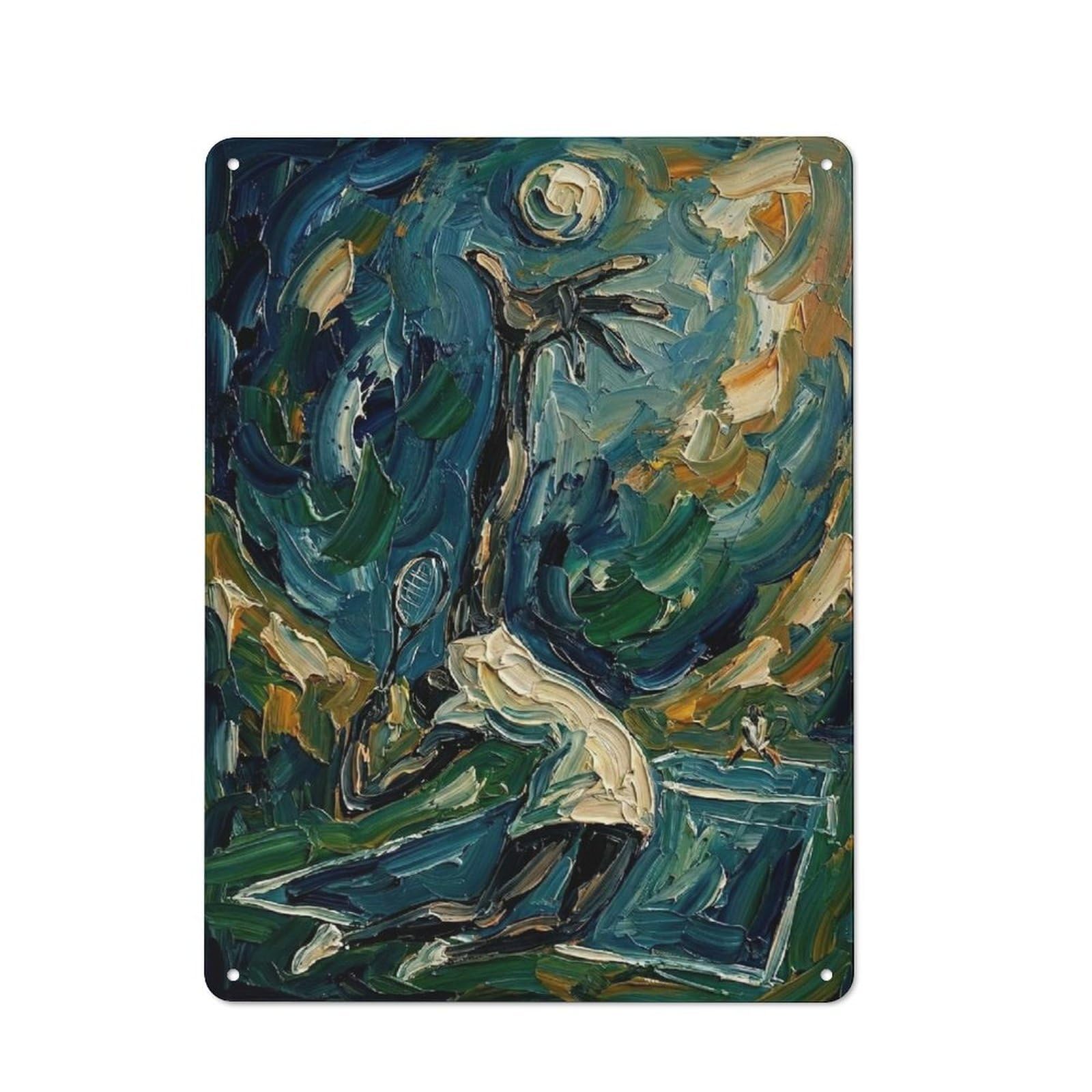 Junmoney Style-24 Impressionistic Tennis Player Reaching For Moon Urban Metal Wall Decor 40X30cm, Metal Wall Art Sign For Loft, Studio, Office Or Creative Room