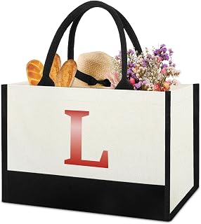 Monogrammed Initial Canvas Tote Bag Gifts for Women, Unique Beach Work Bag Gift for Birthday, Wedding, Christmas, Anniversary, Cool Personalized Gifts for Mom, Teachers, Friends, Bridesmaids- Letter L