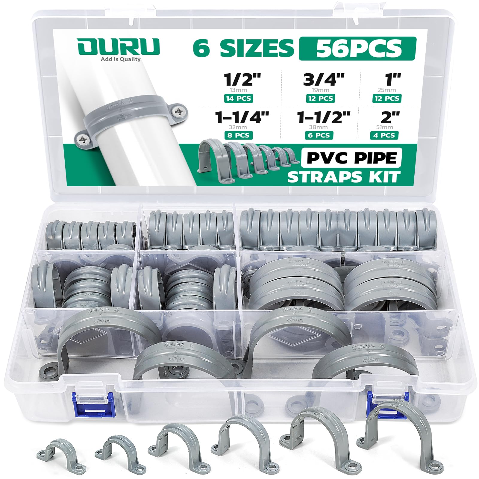 56pcs PVC Pipe Straps Assortment Kit, 6 Size 2-Hole Plastic Pipe Clamp, Conduit Clamp for Reinforcing Pipes, Conduits and Tubes