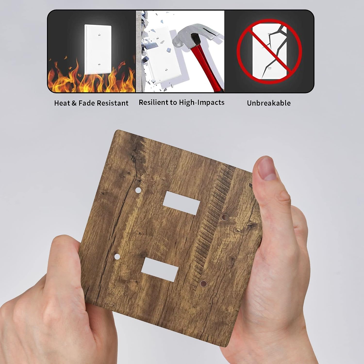 Rustic Farmhouse Double Light Switch Cover Plate 2 Gang Toggle Switch Plate Brown Wood Print Decorative Wall Plate Outlet Covers, Standard Size, 4.5 x 4.5 Inch
