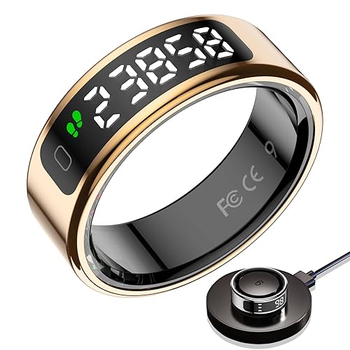 Walpck Smart Ring with LED Display Screen,Sleep&Fitness Tracking Wearable for Women/Men,Accurate Monitoring of Pedometer, Heart Rate,Blood Oxygen (R11, Gold, 12)