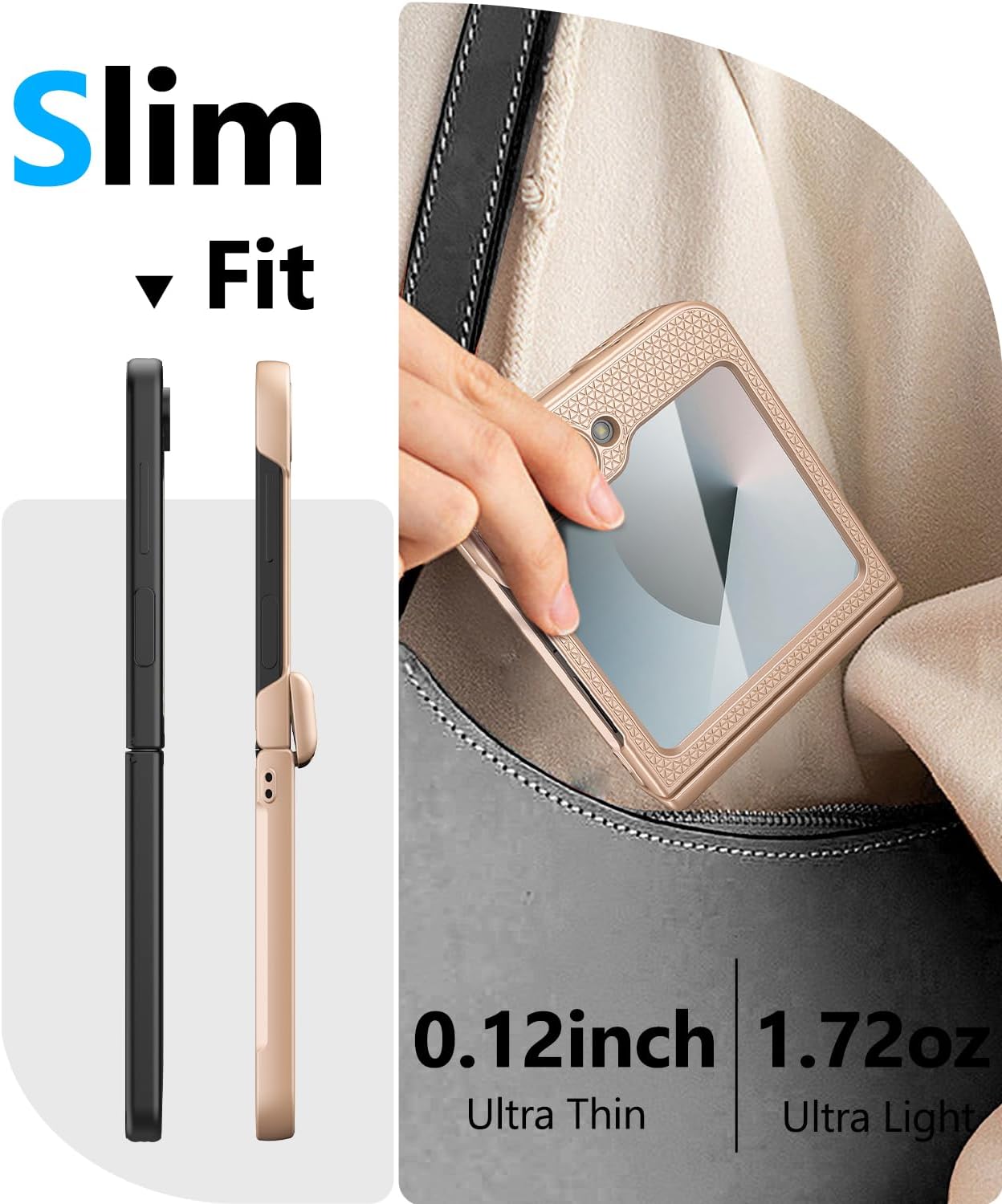 Vihibii for Samsung Galaxy Z Flip 6 and Z Flip 7 FE Case with Hinge Protection & Outer Screen Protector, Wireless Charging, Slim Stylish Texture Non-Slip Shockproof Rugged Cover Phone Case, Rose Gold