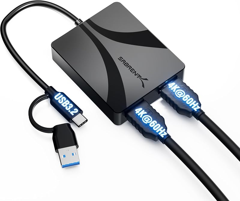 USB C Dual HDMI Adapter 4K 60Hz, DisplayLink Dual Monitor Adapter, USB C & USB A, Mac M1 M2 M3, Windows macOS Linux (DA-CA2H)