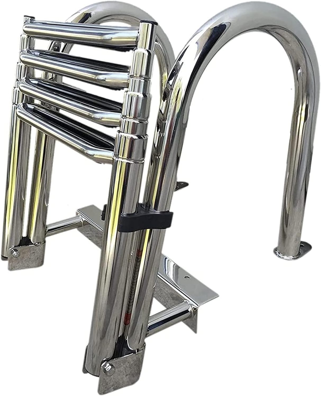 Telescopic Boat 4 Step Premium Stainless Folding Rear Entry Pontoon Boat Ladder with Handrail,Heavy Duty Out of Sight Under Platform Boat Ladder
