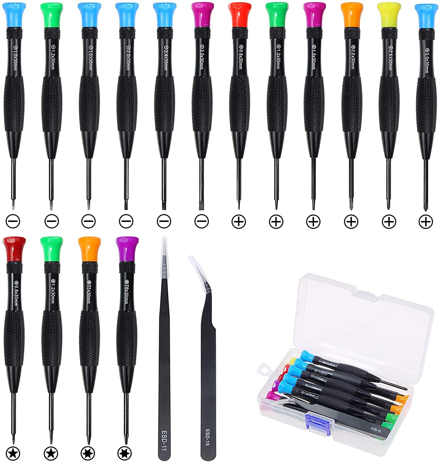 Screwdriver Set 18 PCS Magnetic Small Screwdriver with Slotted Phillips Star Torx Screwdriver Tweezers Non-Slip for Smartphone Laptop Watches