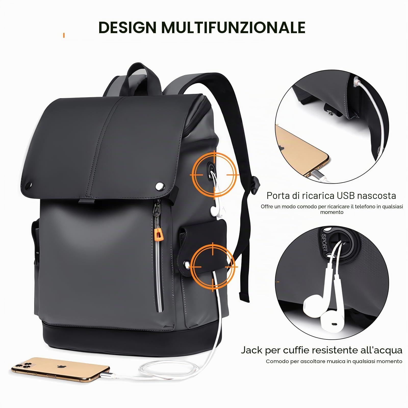 SONARIN Zaino Porta PC Uomo,Zaino Lavoro Impermeabile Zainetti per Laptop 15,6 Pollici Zaino da Viaggio Borsa Casual con Porta USB per Uomo Donna Università Ufficio(Nero)