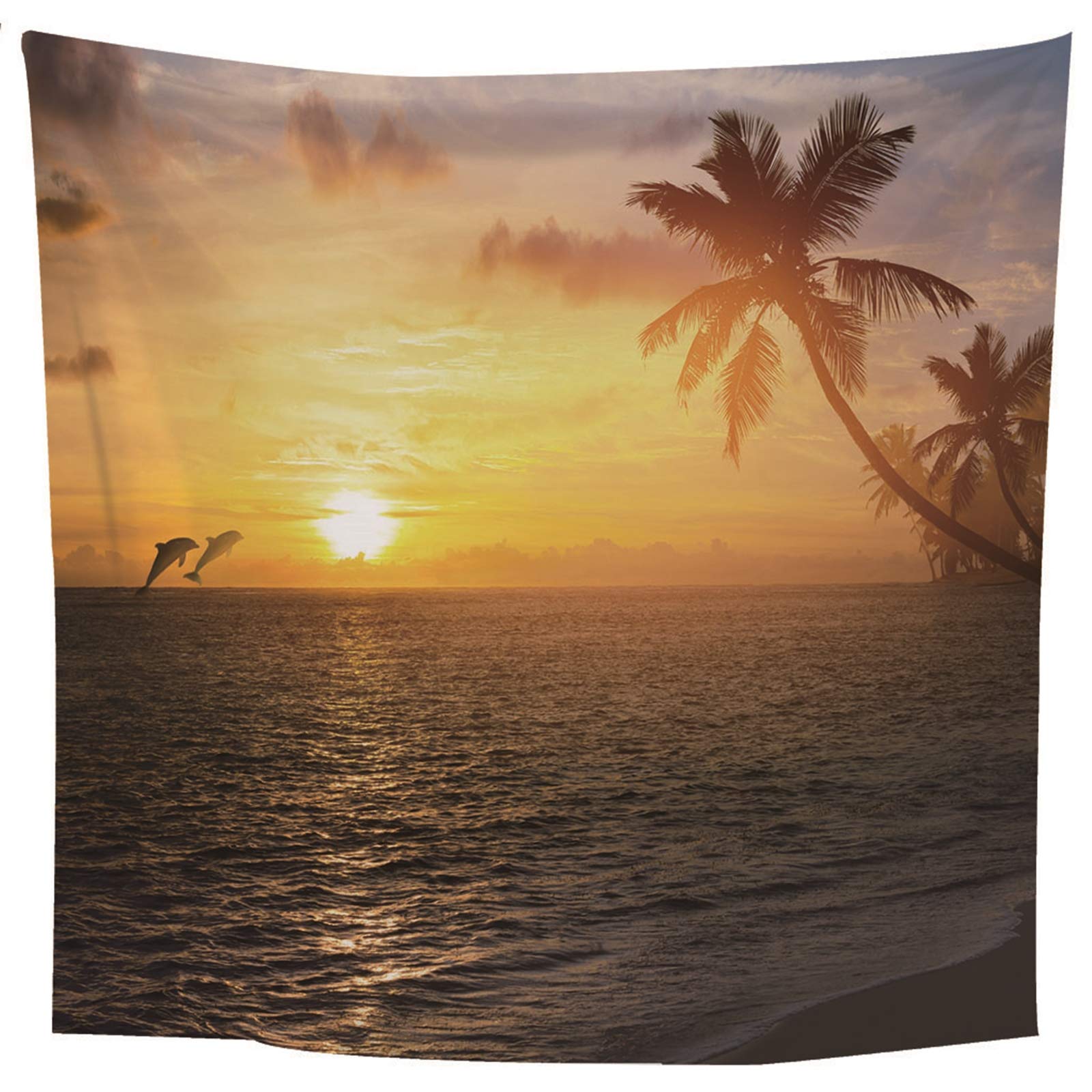 Beydodo Tapisserie Vorhang Sonnenuntergang Delfin Kokospalme Wandbehang Wohnzimmer 300x260CM Wandteppich Nordisch