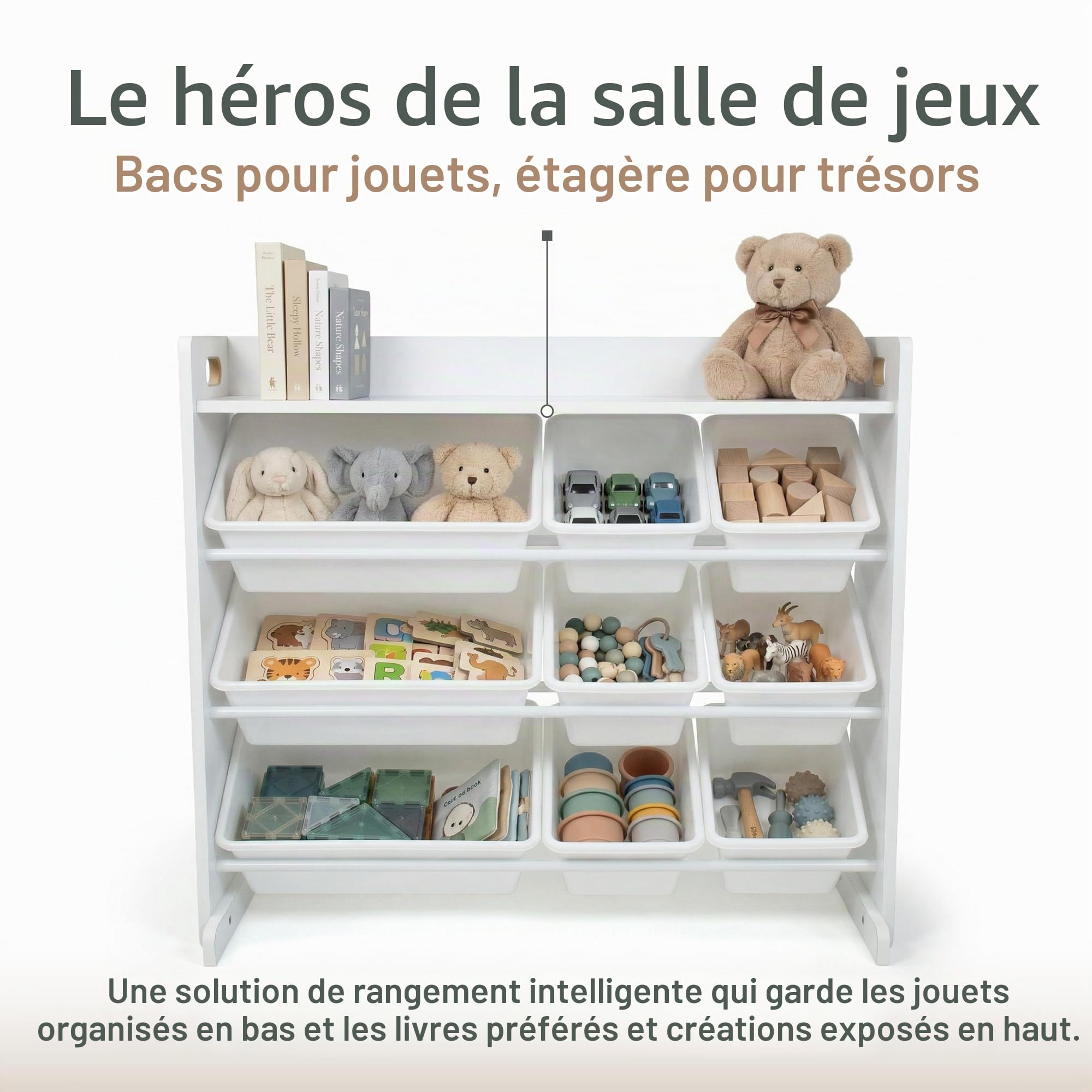 Humble Crew, étagère pour enfants, organisateur de jouets avec 9 bacs de rangement, blanc/blanc
