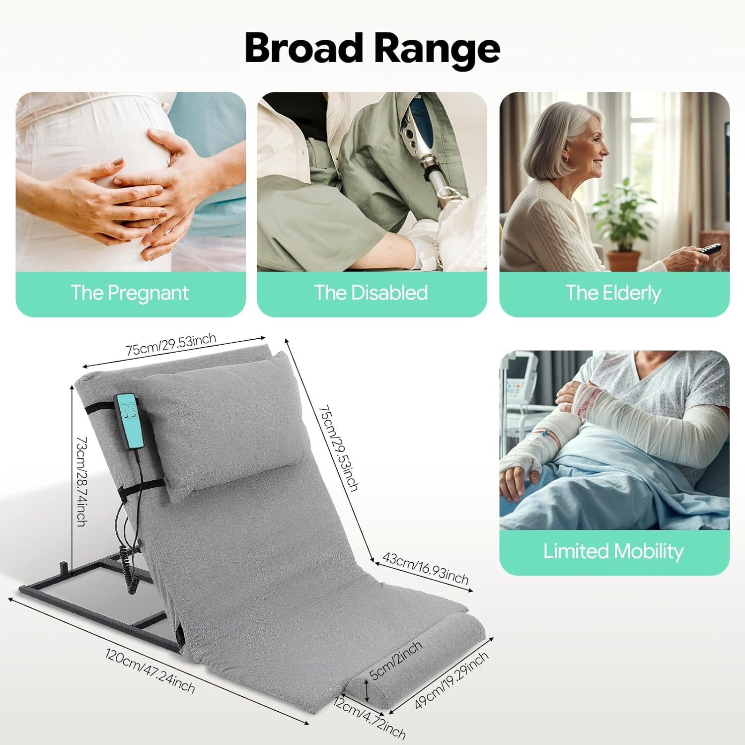 Electric Lifting Backrest for Bed, 661Lbs Load Power Lifting Bed Backrest with Remote Control, 2-80°Adjustable Assisted Wake-up Device,for Neck Lumbar Back Support47.24 * 29.53 * 28.74in