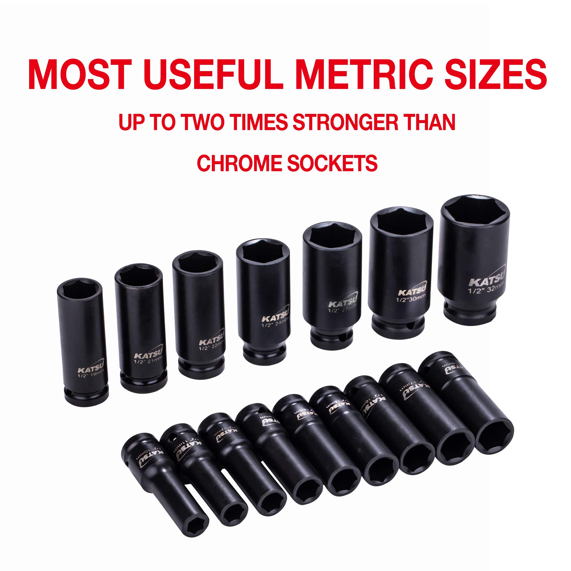 KATSU 1/2" Llaves de Vaso Impacto 16 Piezas, 10mm - 32mm Juego de Llaves de Vaso de Impacto Profundo Llave Métrica Resistente, Herramienta de Reparación Motores Camiones Tractores 420441