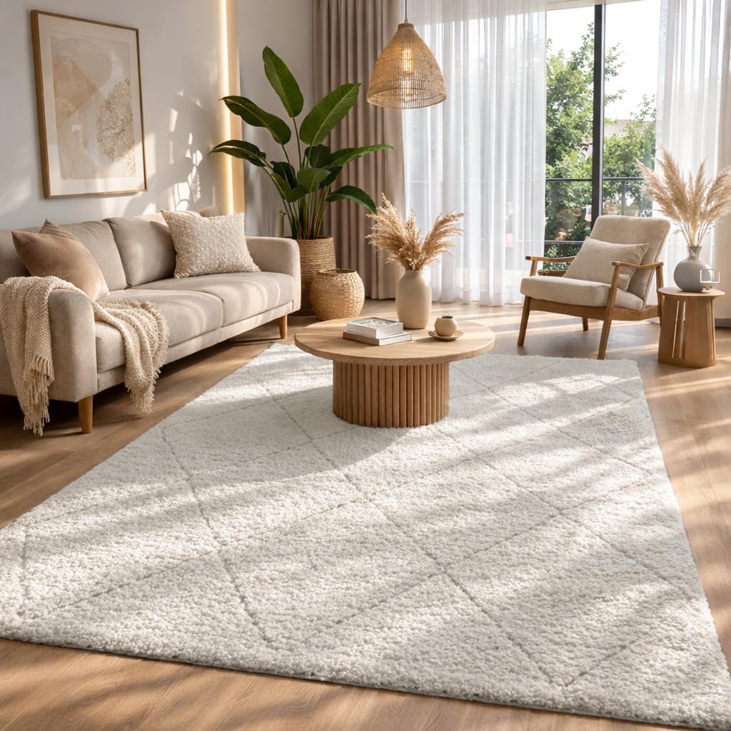 the carpet Bahar Shaggy Elegant Designer Living Room Rug, Soft & Easy-Care High Pile Living Room Rug in Cream Diamond 80 x 150 cm โ image 1