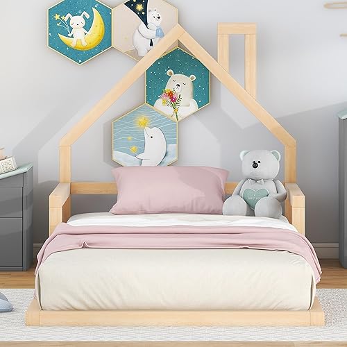 Miniatura 9 de Cama de suelo para niños, cama Montessori de tamaño individual con cabecera y barandillas en forma de casa, cama de madera con listones para niños y