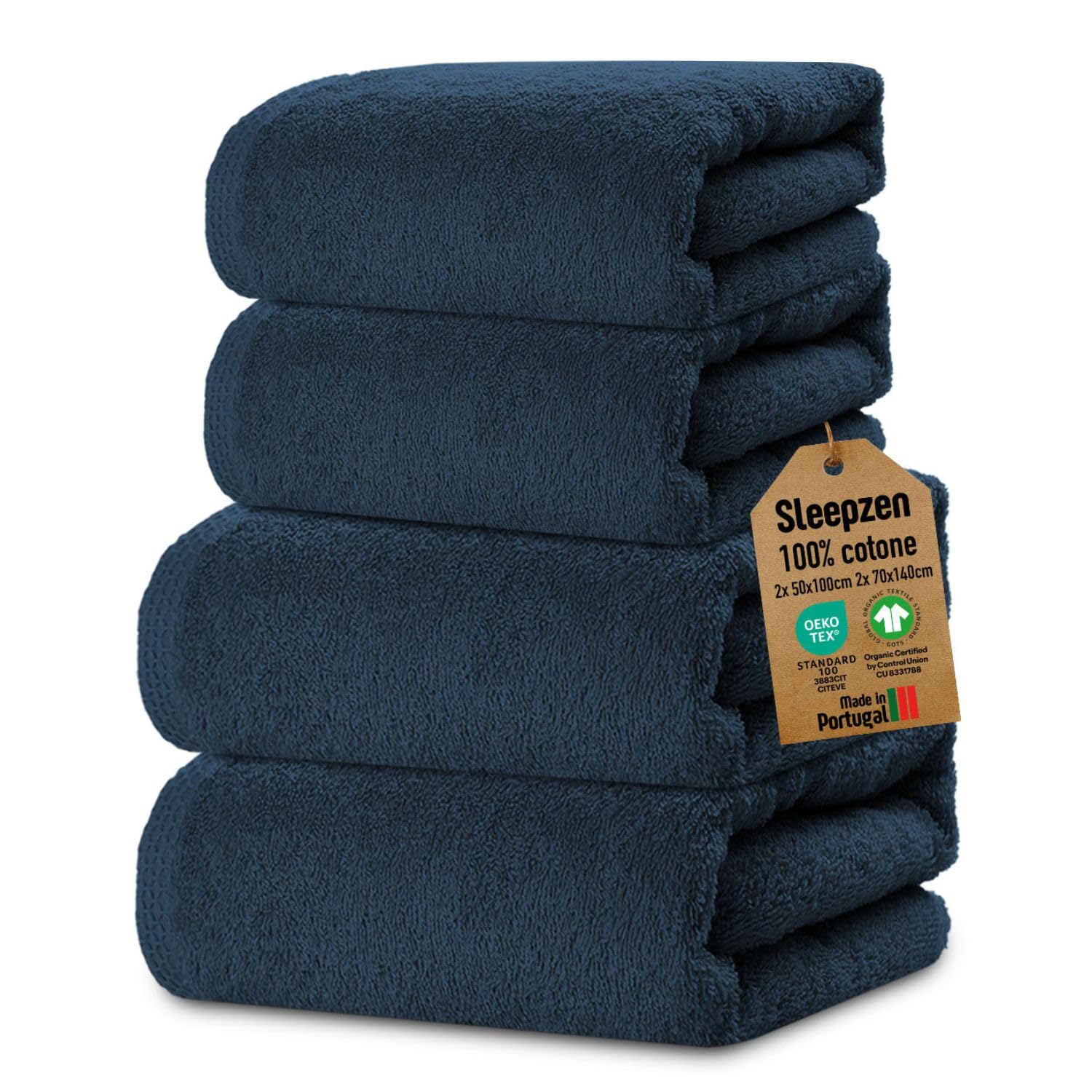 SLEEPZEN - Set di Asciugamani da Bagno (2x 50x100 + 2x 70x140 - Blu Poseidone) Cotone Biologico GOTS - 500 g/m² - Ultra Assorbenti - Morbidissimi - Prodotto in Portogallo - Certificato Oeko-Tex