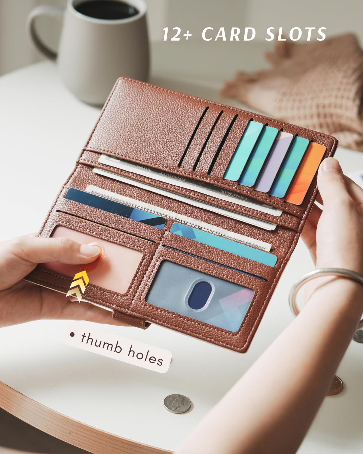 Slim Wallet Women RFID Blocking Vegan Leather Long Clutch Wallet Thin Bifold Credit Card Holder with 2 ID Windows & Zip Pocket - Image 3