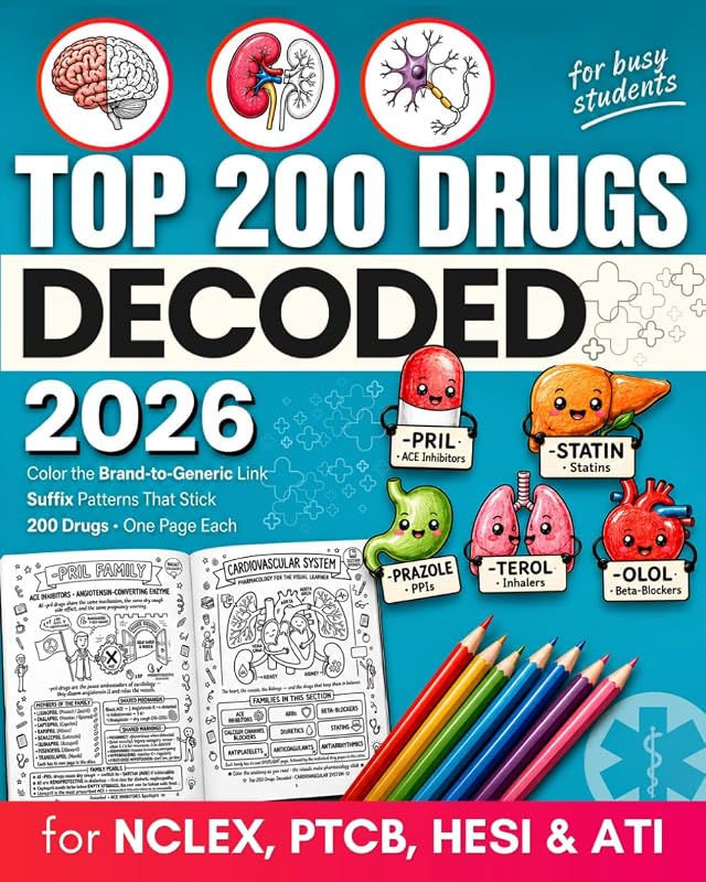 Top 200 Drugs Decoded: The Visual Way to Master Pharmacology — Color, Connect & Recall Drug Names by Brand, Generic & Suffix in a Coloring Book & ... PTCB, HESI & ATI (Busy Students Series)