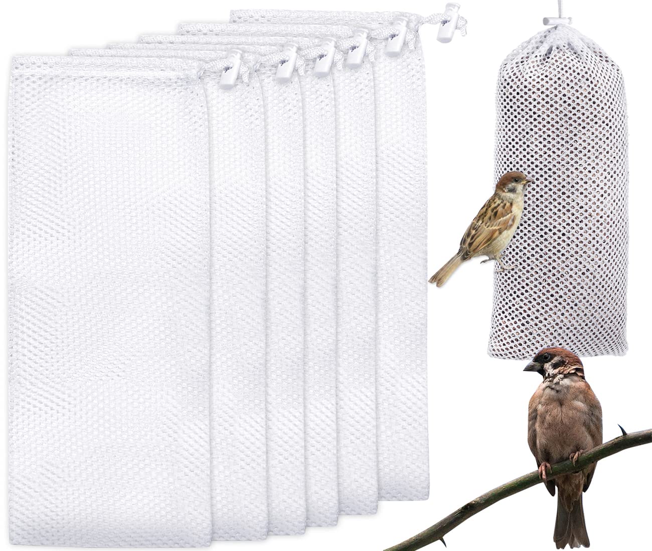 6 Pcs Finch Sock Feeder, 4.7 x 11 Inch, Wild Bird Feeder Thistle Socks Instant Thistle Seed Sacks Feeder Food Supply Tools Hanging Kits for Wildlife Goldfinch Feeding Garden Yard Outdoor, White