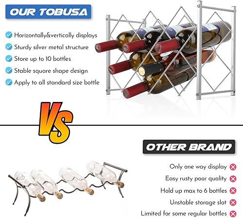 Miniatura 6 de TOBUSA Moderno estante de vino plateado para encimera, soporte pequeño para botellas de vino, 10 botellas de metal independiente, organizador de