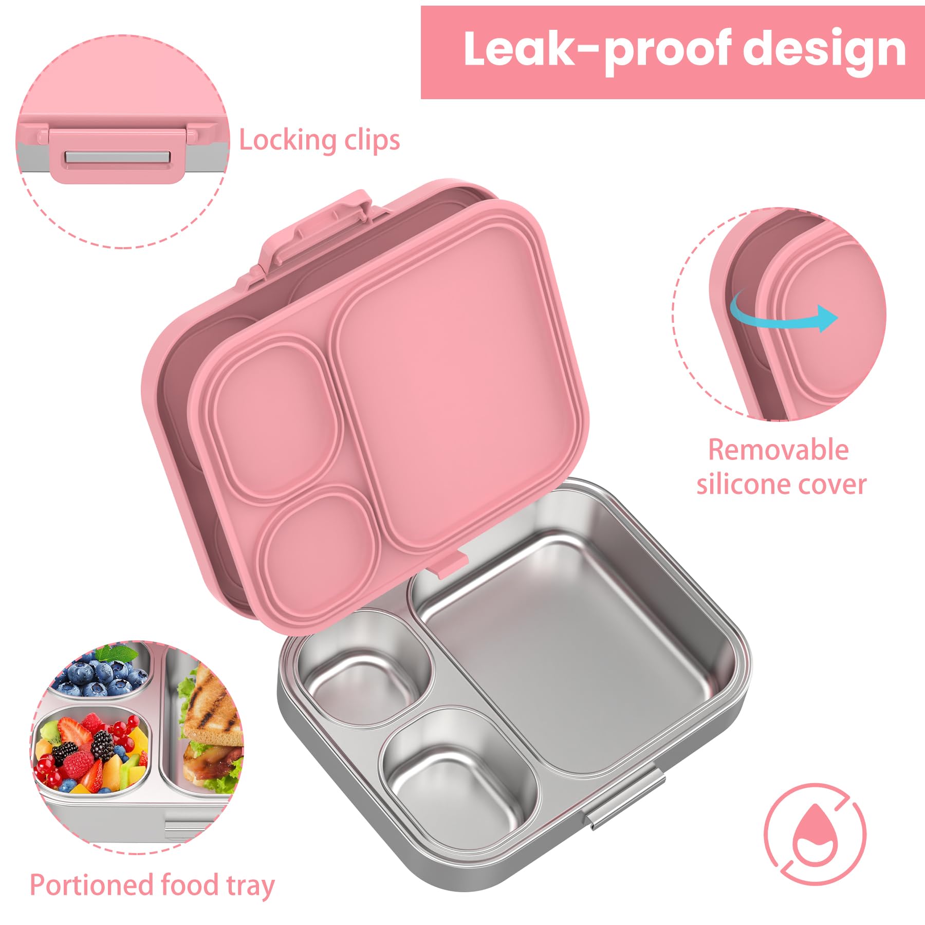 Pawtong Lonchera Bento de acero inoxidable para niños, contenedor de 3 compartimentos para niños, 100 % a prueba de fugas, apta para lavavajillas, ecológica, control perfecto de porciones para comidas