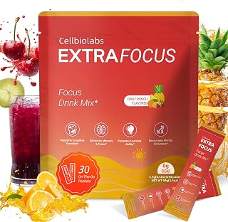 Cellbiolabs Extra Focus Drink Mix, 30 On-The-Go Stick Packs, Featuring Alpha-GPC, Lion's Mane & Rhodiola, Sugar-Free Clean Drink Mix