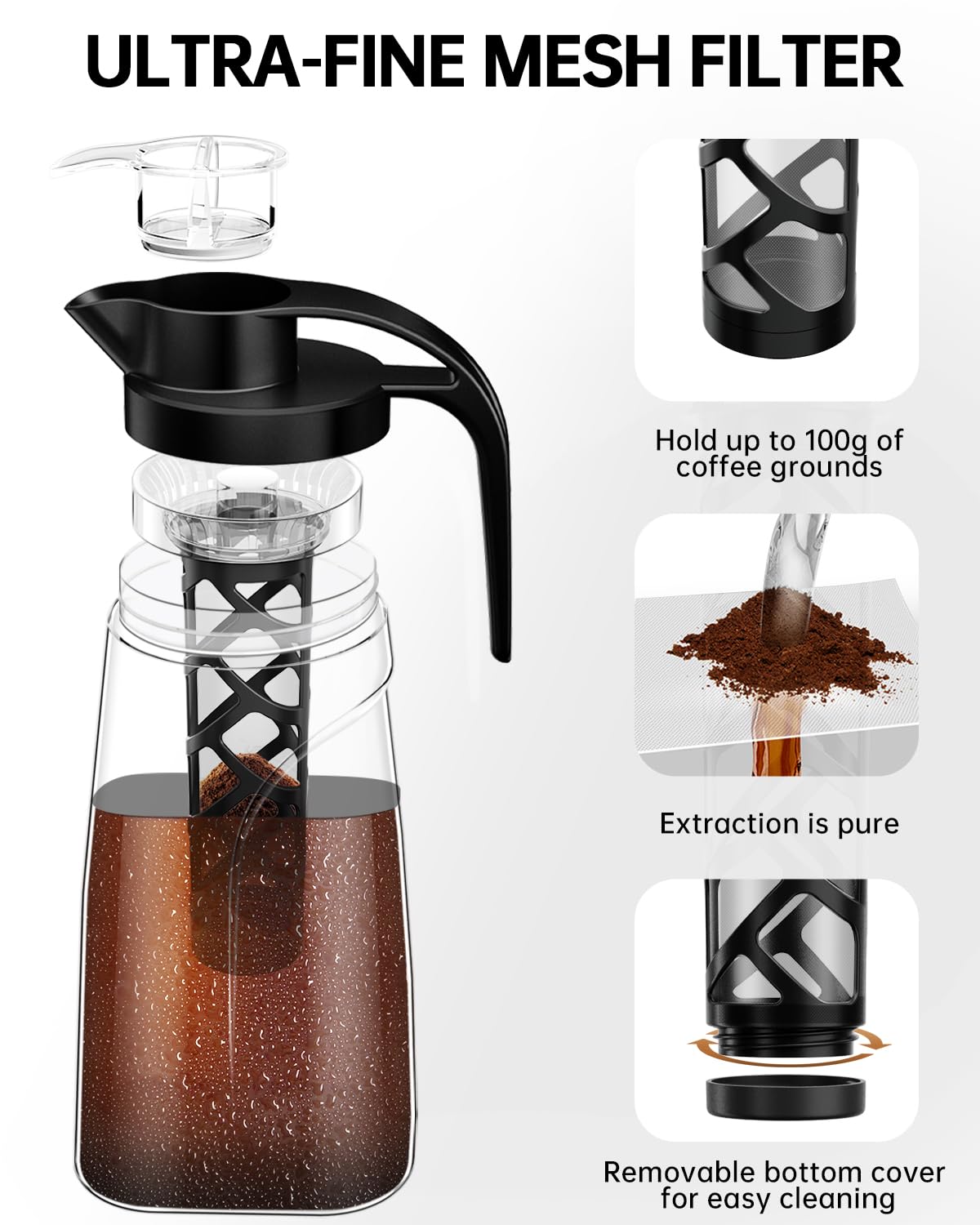 Cafetera fría de 70 onzas (71.0 fl oz), jarra Tritan sin BPA, cafetera helada y cafetera de té, 100% a prueba de fugas, filtro de malla reutilizable fácil de limpiar, color negro 3