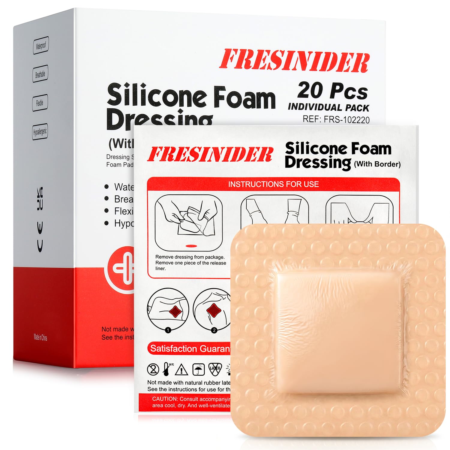FRESINIDER Silicone Foam Dressing with Adhesive Border, 20 Pack, 2" x 2" Small Foam Wound Dressings, Gentle Silicone Adhesion, Breathable &amp; Comfortable, for Minor Cuts, Burns &amp; Post-Surgical Care