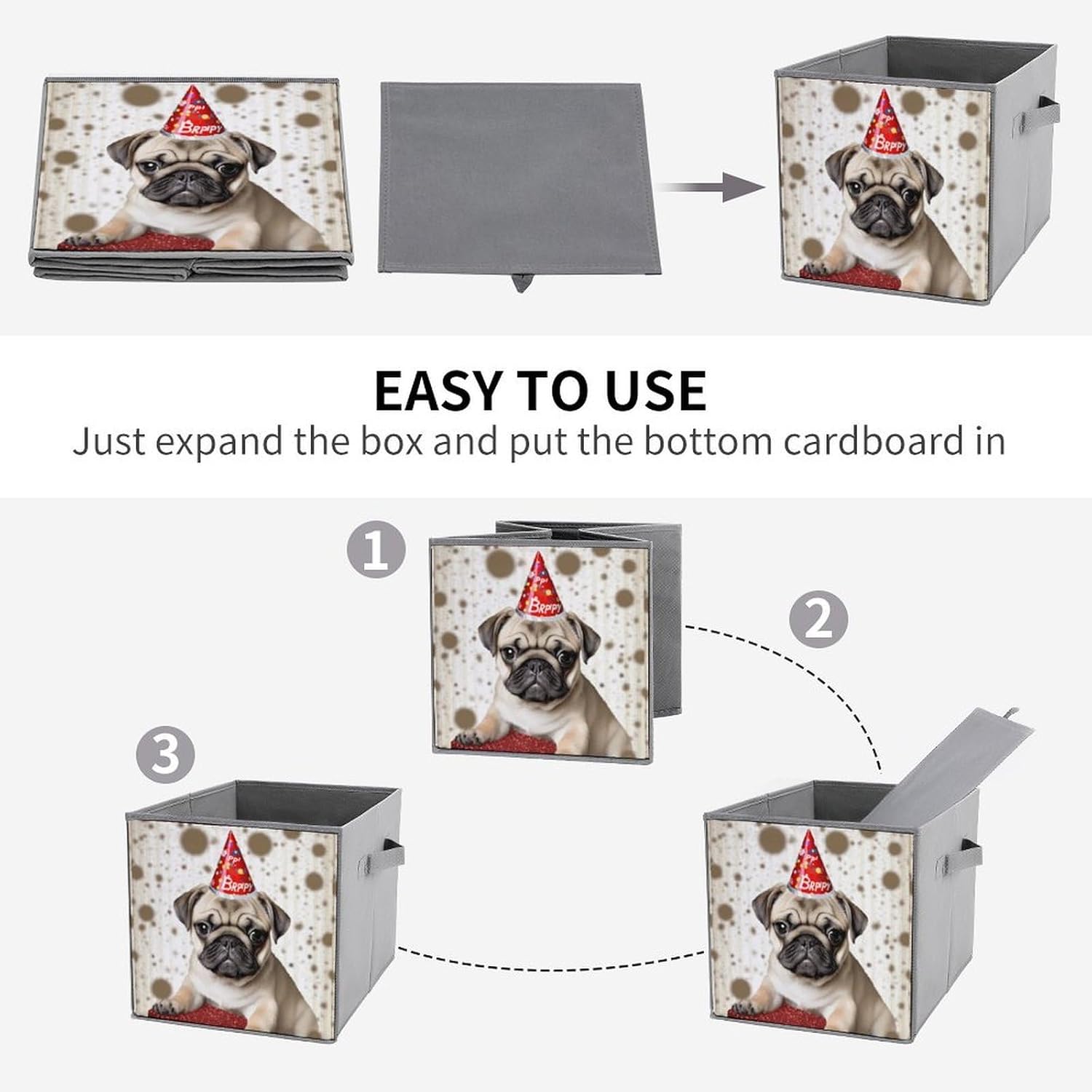 Cute Happy Birthday Pug Puppy Storage Cubes Set of 6 Storage Bins with Handles Collapsible Storage Basket Fabric Storage Box for Shelves Large Closet Shelf Organizer for Organization 11 Inch