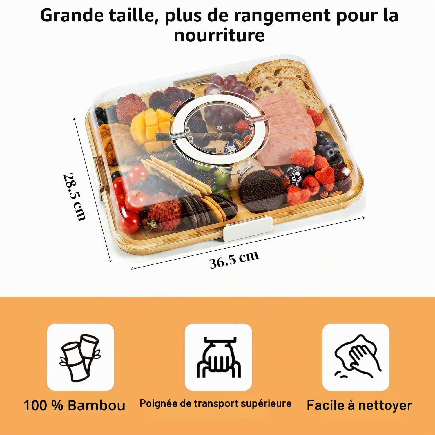 Plateaux à charcuterie avec Couvercle et poignée, Plateau à Fromage Portable en Bambou à 6 Compartiments, Plateau de Service pour charcuterie, Fruits et collations (Blanc)