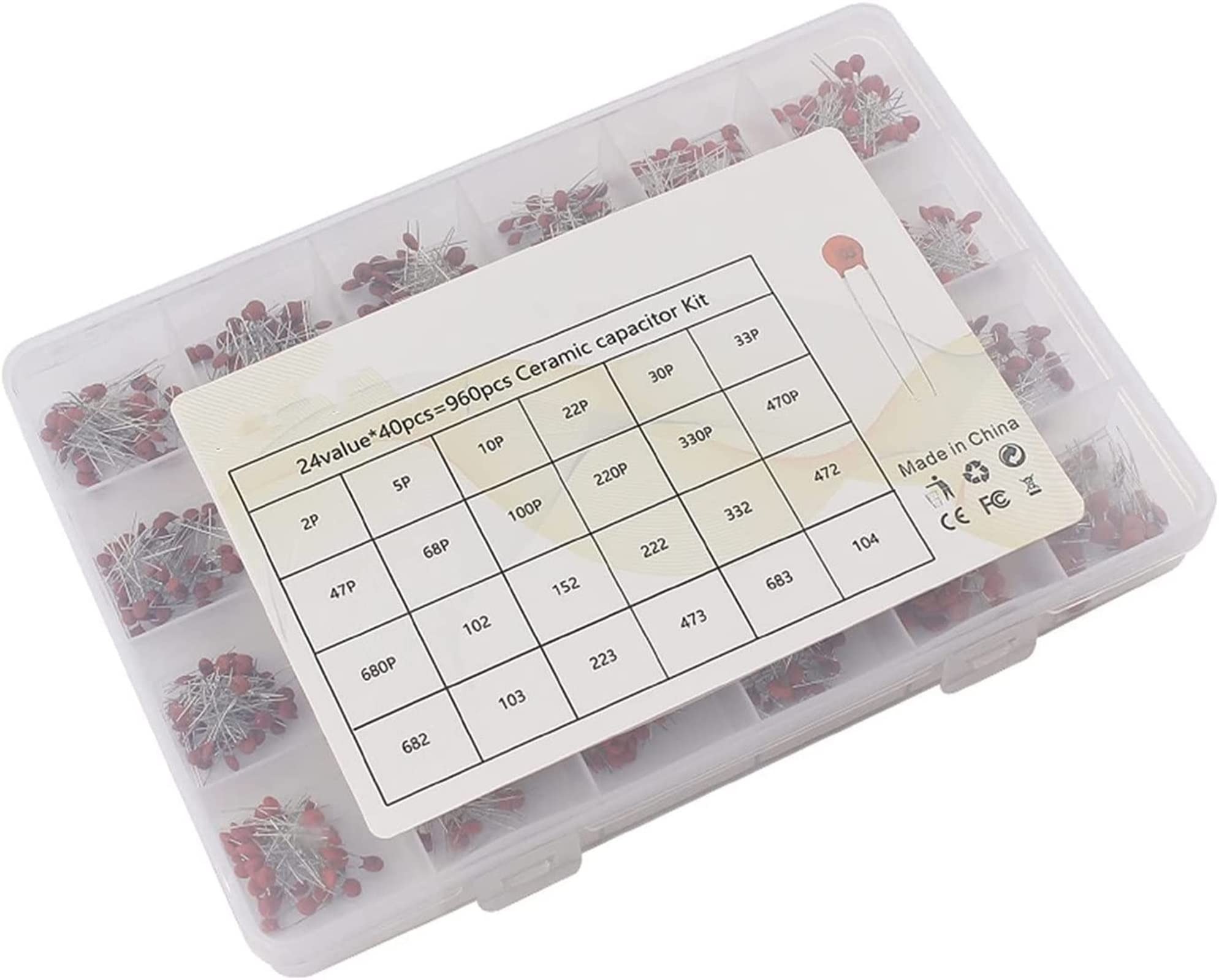 Kit de condensadores de conmutación Kit surtido de condensadores de cerámica de 24 valores 2PF-0.1UF 50V Conjunto de condensadores de cerámica 47PF 68PF 100PF 220PF Paquete de condensadores electrónic