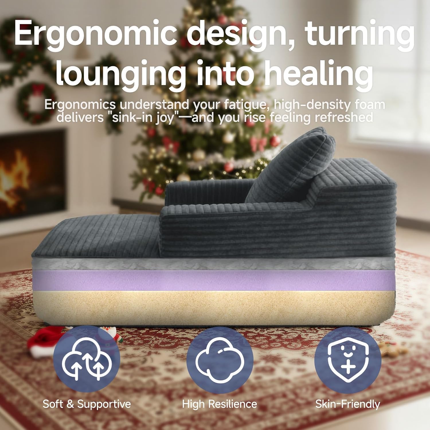 45'' Chaise Lounge Chair Indoor, Corduroy Upholstered Boneless Sofa Bed, Deep Seat Sleeper Couch Reading Chairs, Small Comfy Cloud Sofas Couches for Living Room, Bedroom, Movie Room (Dark Grey)