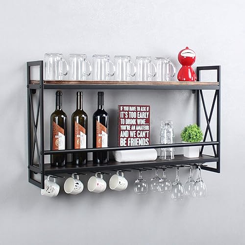 Miniatura 3 de MBQQ Estantes de vino rústicos montados en la pared con soporte de vidrio de 8 vástagos, estante de vino industrial de metal colgante de 36