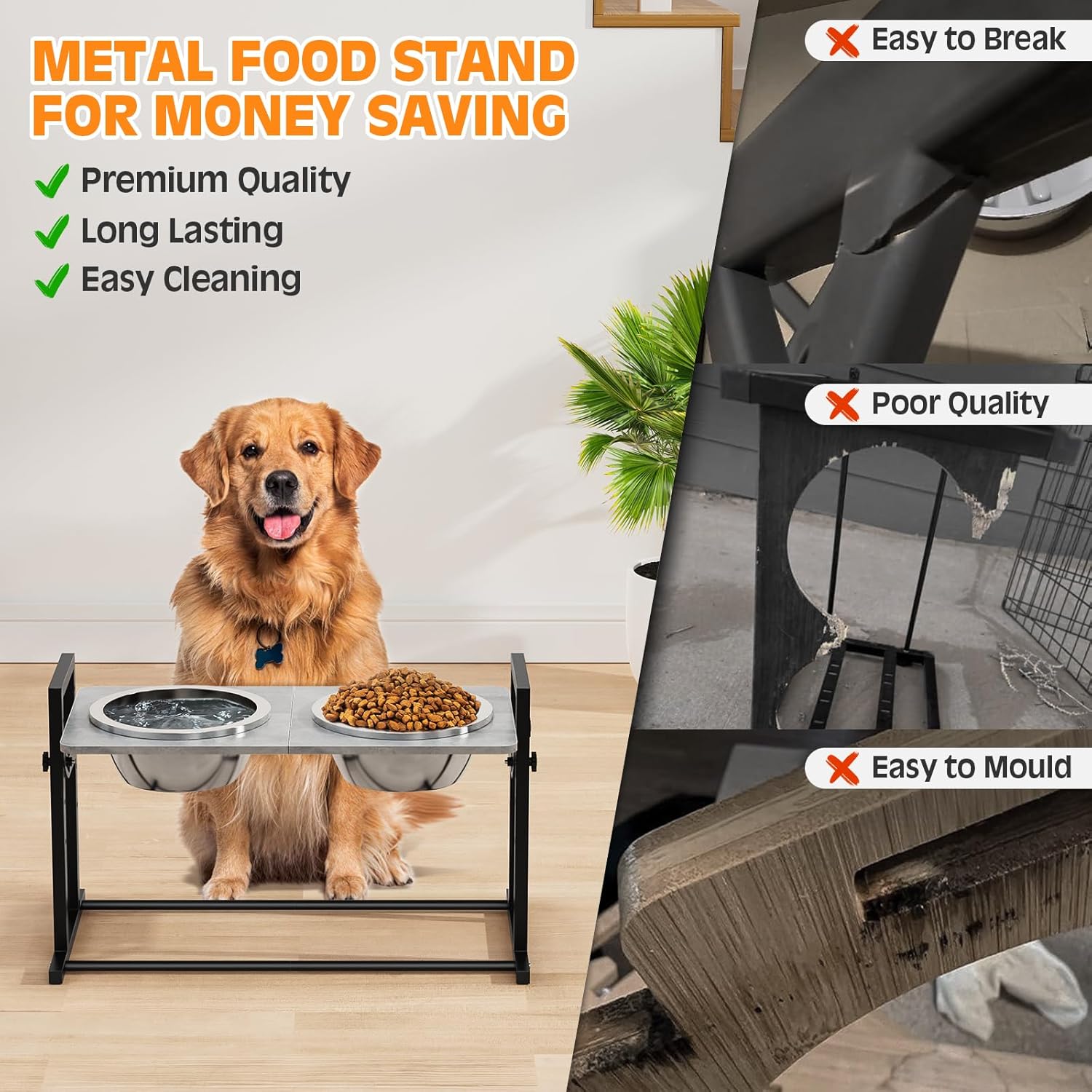 Elevated Dog Bowls for Large Dogs, 4 Height Adjustable Tilted Raised Dog Bowl Stand with 2 Stainless Steel 90 oz Bowls, 13.6" Tall Dogs Bowl Stand Feeder for Medium & Large Breed