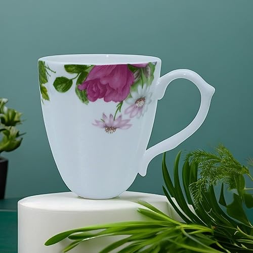 Miniatura 4 de Taza de café de porcelana rosa de 14 onzas, taza de café con diseño de hueso floral, taza de té para mujeres, mamá, amiga (rojo)