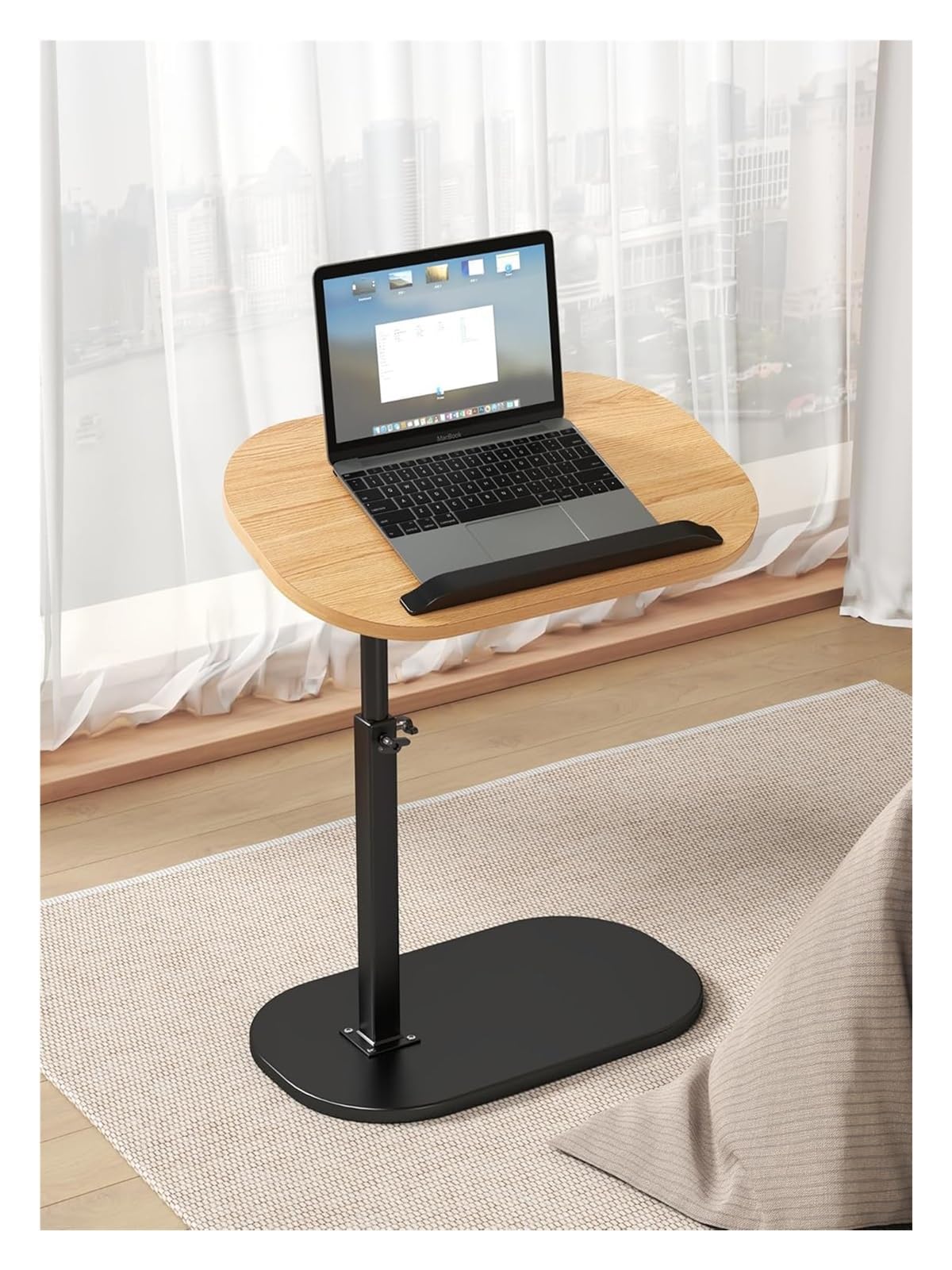 Mesa auxiliar de altura ajustable 2024, mesa auxiliar abatible con giro de 360° para sofá, cama, portátil y bañera, diseño moderno de madera negra