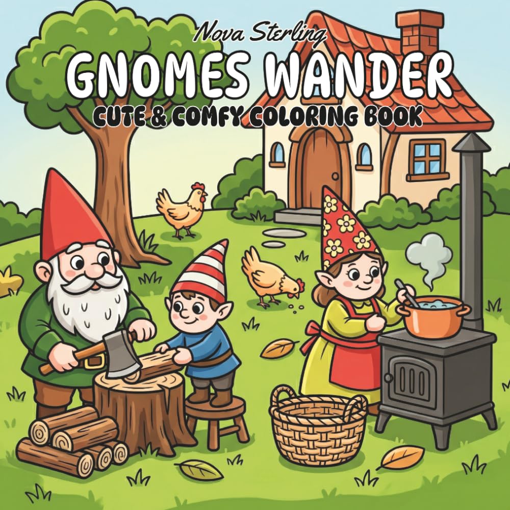 Gnomes Wander: A Bold and Easy Coloring Book for Adults and Teens featuring Cute, Cozy, and Hygge-Inspired Gnome Scenes for Stress Relief